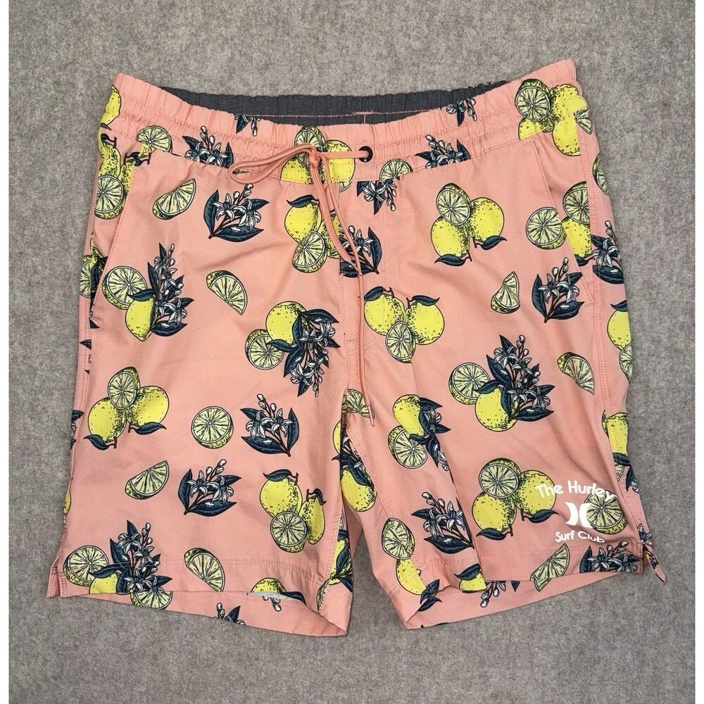 Hurley Men’s Size Small Peach Swim Trunks With Built In Shorts Lemons Pockets
